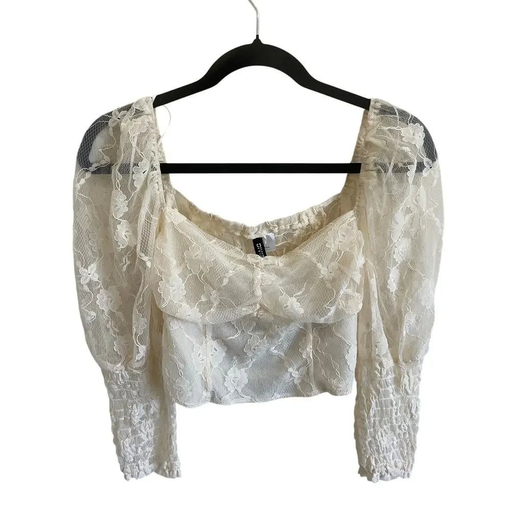 H&M Divided White Lace Milkmaid Crop Top Long Smocked Sleeve Cottagecore